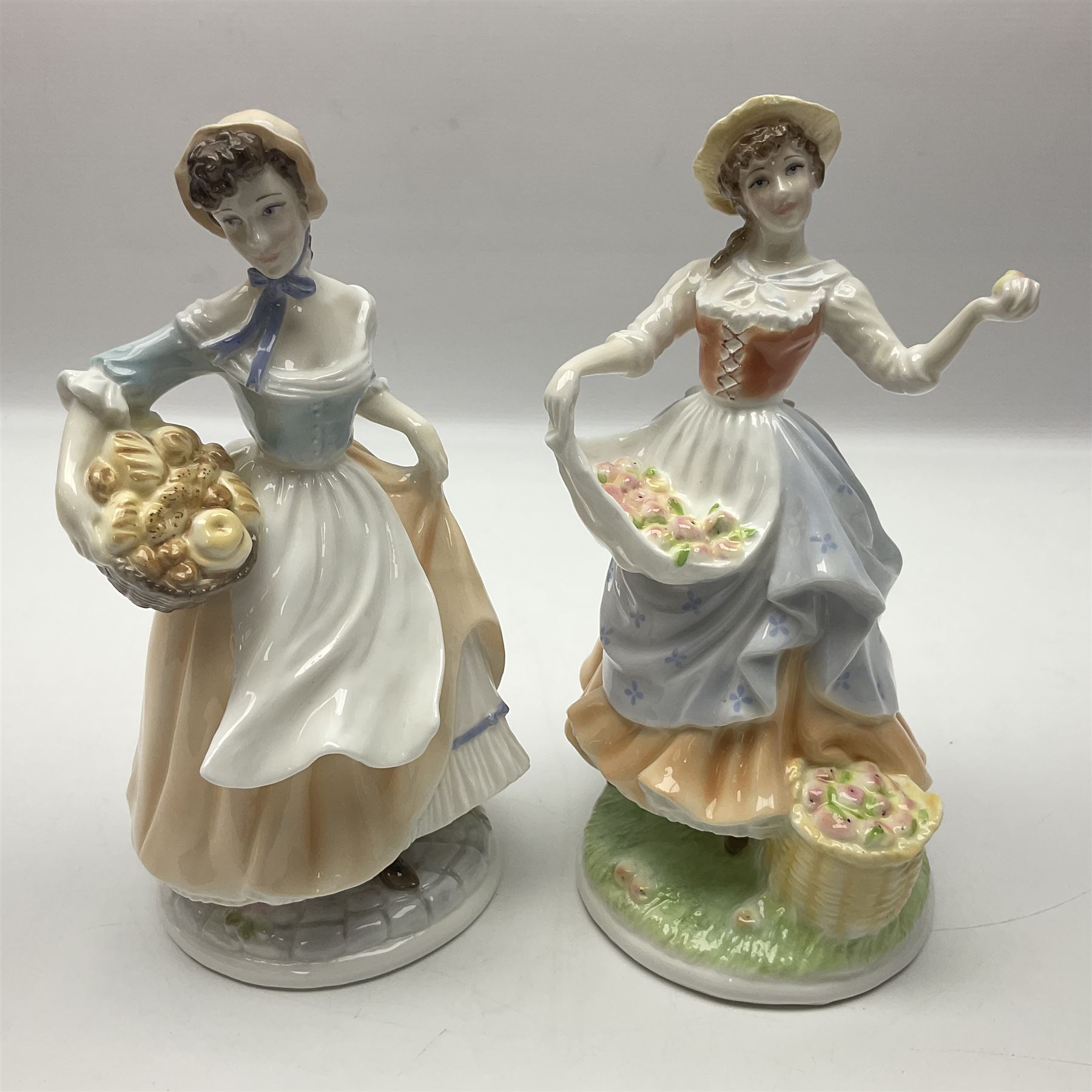 Five Royal Worcester figures, comprising Market Day, Noelle, Bakers Wife, Goose Girl and Fruit Picking, all with printed marks beneath and some with certificates of authentication  