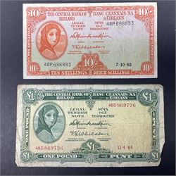 The Central Bank of Ireland one pound banknote 11.4.64 ‘46G 869736’ and ten shillings banknote 7.10.65 ‘48P 696893’