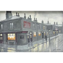 Steven Scholes (Northern British 1952-): Salford Pubs 1962- 'The Kings Arms' & 'The Cumberland Arms Martha St', pair oils on canvas signed, titled verso 19cm x 29cm (2)