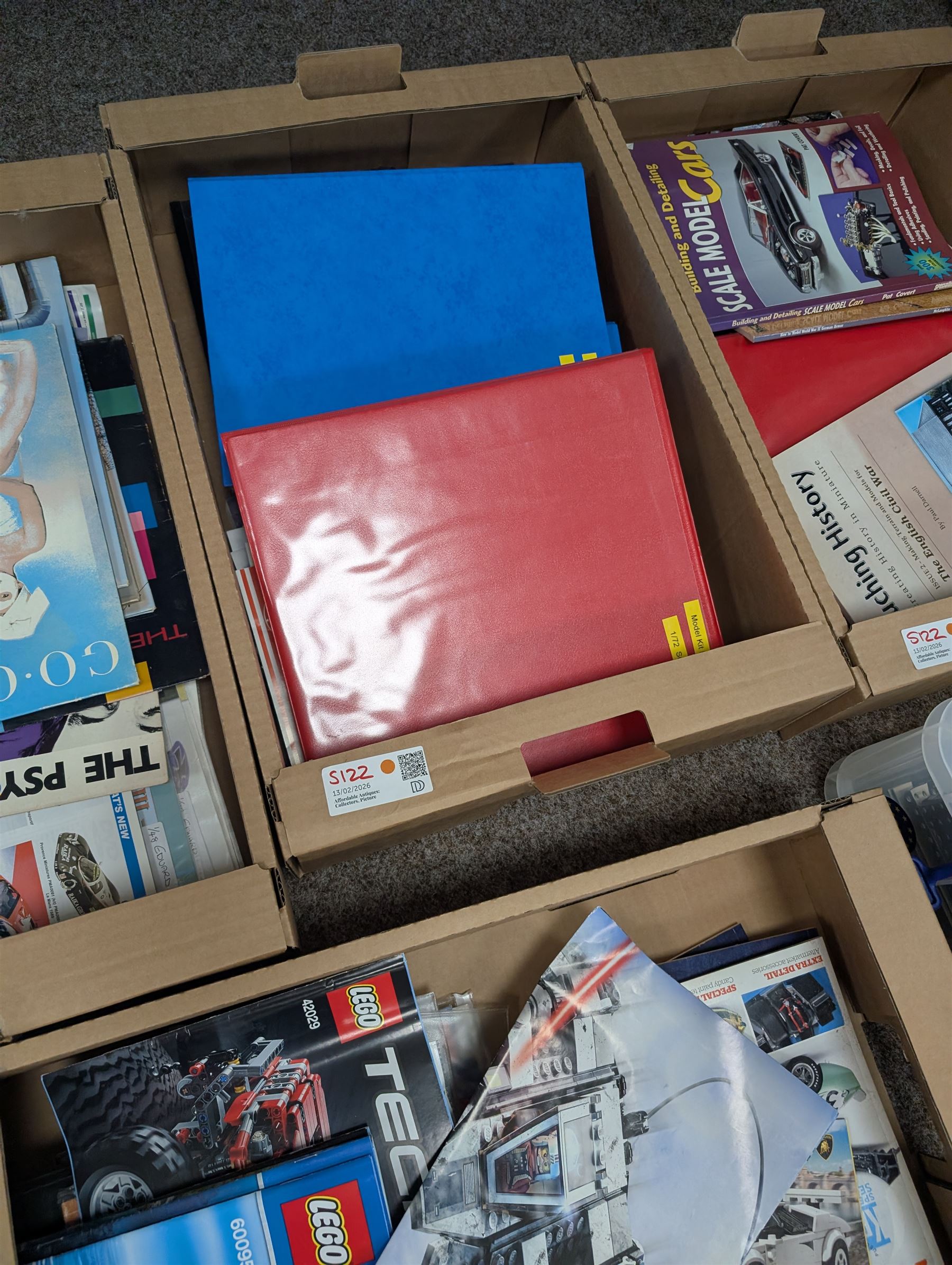 Large collection of books and reference material relating to scale modelling, together with Eaglemoss Star Trek magazines, Batman Automobila magazines, Lego manuals, in seven boxes