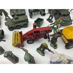 Various makers - unboxed and playworn die-cast models including Dinky Thornycroft Mighty Antar Tank Transporter No.660 and Centurion Tank No.651, other military and farm vehicles; and quantity of loose plastic soldiers and other figures by Crescent, Britains etc