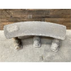 Cast stone four piece curved Dolphin bench, set with three dolphin pillars, curved rectangular slab top with detailed border