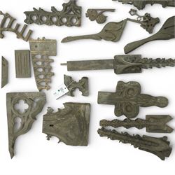 Architectural Salvage - Collection of oak ecclesiastical carvings, 19th century, comprising various finials, including four crocketed examples, some with fruit and foliate carved motifs, corbel, and others
Notes: Removed in the 19th century from the church in the grounds of a private Yorkshire estate 
Provenance: property of a Nobleman