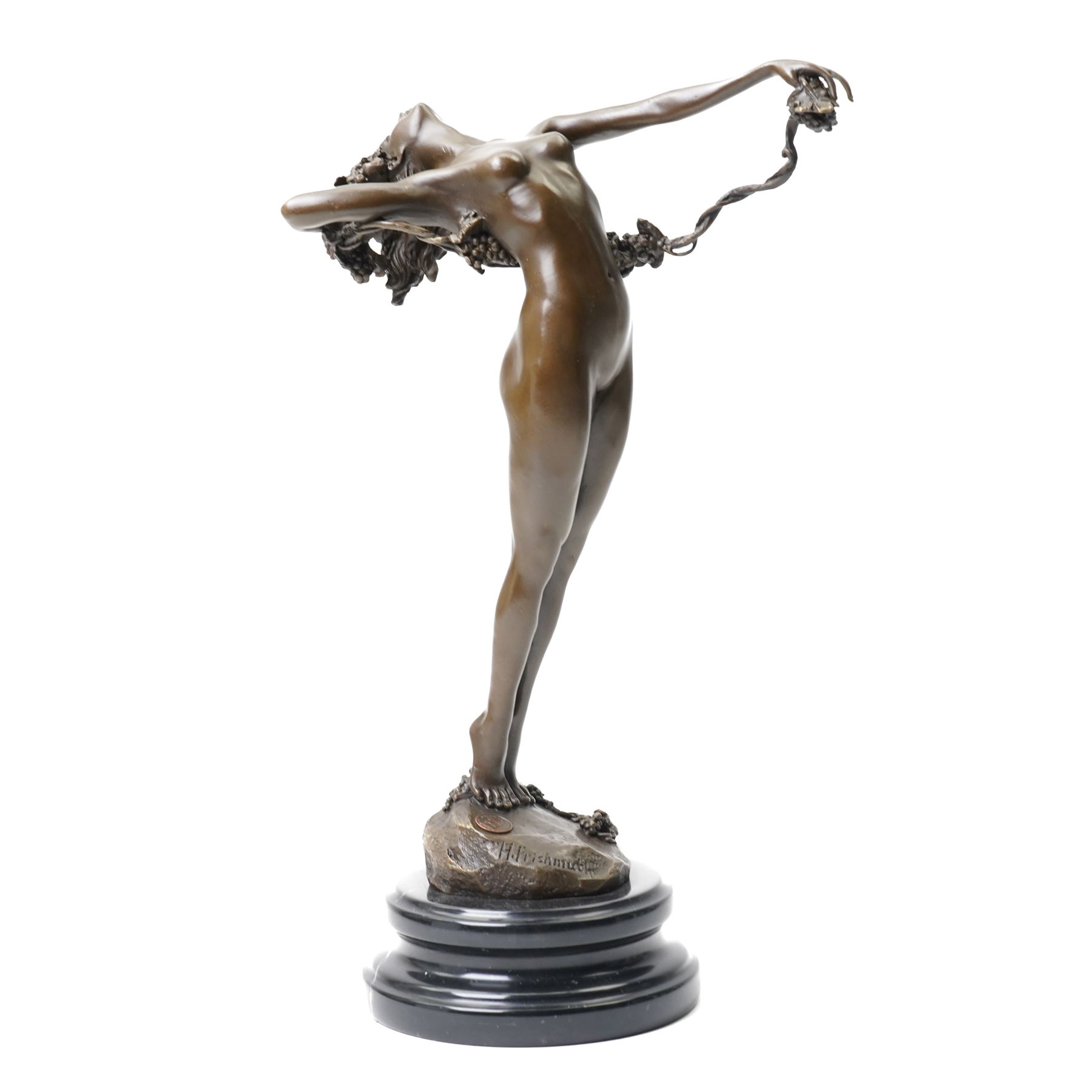 Bronze figure of a nude female holding a vine, after 'H. Frishmuth', with foundry mark on socle base, H38cm