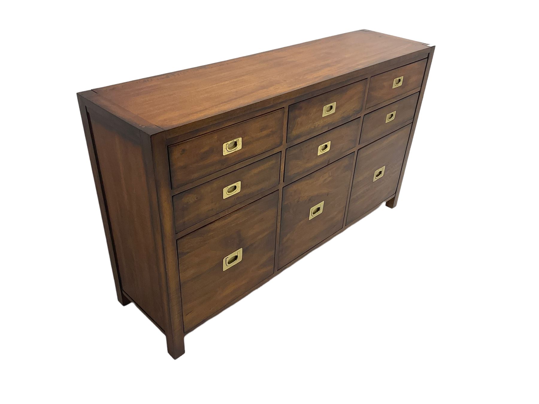 Cherrywood military style sideboard chest, fitted with nine drawers with recessed brass handles
