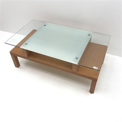 Glass top coffee table with cherry undertier on square supports, W111cm, H43cm, D60cm