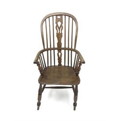 19th century high back ash and fruit wood Windsor armchair, turned supports joined by stretchers