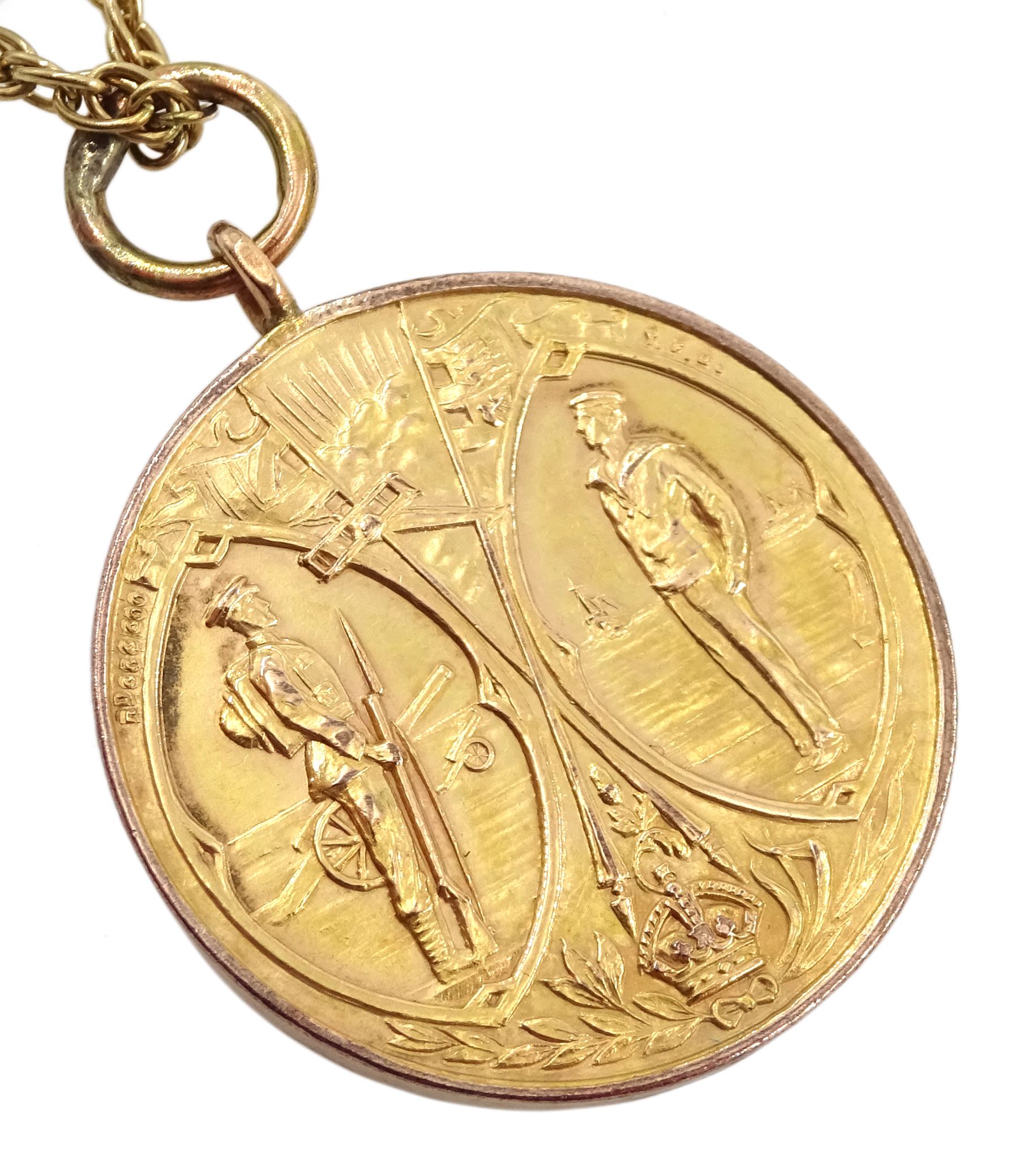 9ct gold medallion pendant depicting WW1 soldier and sailor by Thomas Fattorini, Birmingham 1919, engraved 'Presented to G.W.Childs from The H.H.W.C.' verso, on 9ct gold necklace chain
