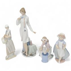 Four Lladro figures, comprising Loving Care no 6087, Young Nurse no 6307, Girl with Chicken no 4592 and Female Physician no 5197, three with original boxes 