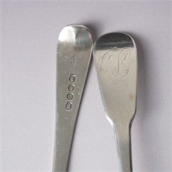 George III silver basting spoon London 1772, another engraved with initials London 1802 Thomas Wallis II, pair of table spoons London 1791 Maker Peter and Ann Bateman and two dessert spoons