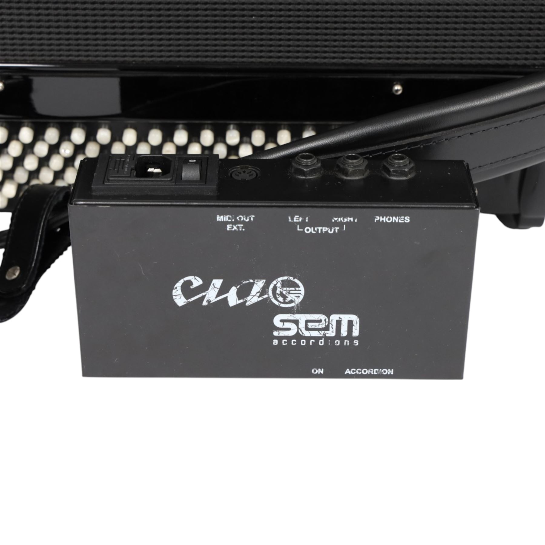 SEM Ciao 5-row digital reedless chromatic button midi-accordion, with 87-black and white buttons and 120 bass buttons, in black high gloss case, with carry strap and original hard carrycase