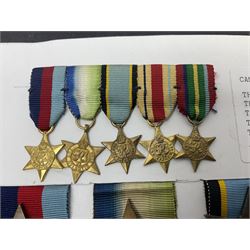 Representative display of WWII Campaign stars comprising 1939-1945 Star, Atlantic Star, Air-Crew Europe Star, Africa Star and Pacific Star; together with the corresponding group of miniatures; all with ribbons