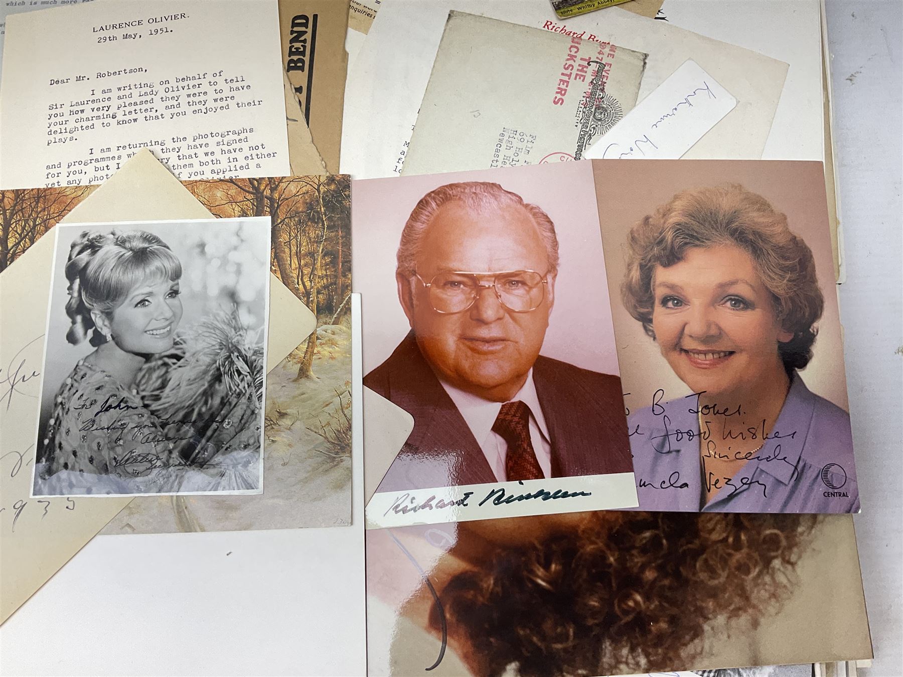 Over five-hundred and fifty autographs and signatures on cards, letters, posters, a book, photographs etc including Jefferson Davis, Lyndon B. Johnson, Orson Welles, Mary Pickford, Mickey Rooney, Peter O'Toole, Julie Andrews, Debbie Reynolds, Diana Dors, Alain Delon, Christiaan Barnard, Monica Lewinsky, Clifford Bax, Dom Mintoff, Pierre Trudeau, Margaret Truman, Marie Stopes, Havelock Ellis, Alfred Piccaver, Elisabeth Schumann, James Doolittle, Will Hays, Jesse Lasky, Billie Whitelaw, Megan Lloyd George, Leni Riefenstahl, Princess Anne & Captain Mark Phillips, Princess Alexandra of Kent & Angus Ogilvy, Prince & Princess Michael of Kent, Laurence Olivier, Leslie Caron, Lillian Hellman, Roddy Doyle, Max Mosley, Charlton Heston, Jerry Lewis, Jeremy Brett, Tallulah Bankhead, Russell Braddon, Marc Chagall, Roy Jenkins, Beatrice Webb, Olave Baden-Powell, Samuel Hoare, Leslie Hore-Belisha, Amelita Galli-Curci, Joan Miro, Tony Blair, Beryl Cook, Giles etc