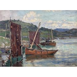 David Martin (Scottish fl.1884-1935): Fishing Boats Moored on the Coast of Scotland, oil on canvas signed 29cm x 39cm