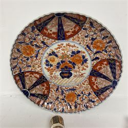 Collection of Japanese ceramics comprising pair of Satsuma vases decorated with panels depicting children and samurai figures, together with a Kutani vase painted with birds and flowers, all with painted character marks beneath, and an Imari plate, largest vase H31cm