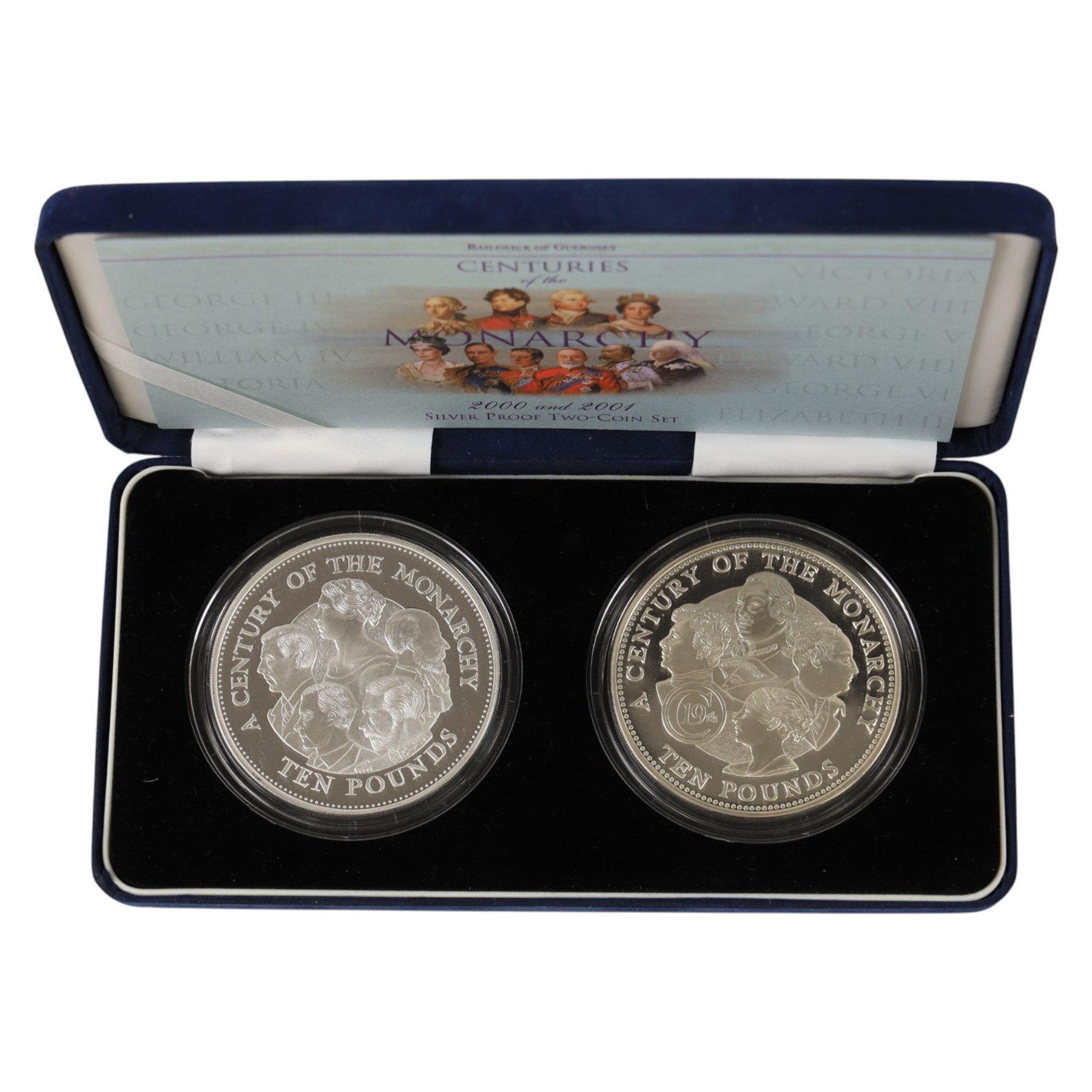 The Royal Mint Guernsey 2000 and 2001 'Centuries of the Monarchy' silver proof set, comprising two five ounce ten pound coins, cased with certificate