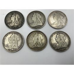 Six Queen Victoria silver crown coins, dated 1893, two 1896, 1898, 1899 and 1900