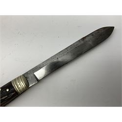 Hunting knife by J Nowill & Sons, Sheffield, the handle inset with mother of pearl, blade length 19cm; George Wolstenholme IXL lock-knife with antler scales L29cm open; and another Bowie style hunting knife marked 'V.R. Warranted Sheffield Joseph Ellis & Sons' in leather sheath (3)