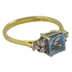 18ct gold princess cut aquamarine and six stone diamond ring, hallmarked