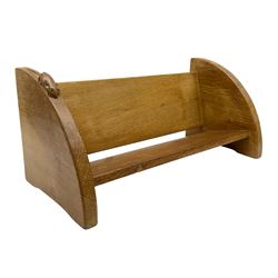 'Mouseman' adzed oak book trough, curved end supports, carved with mouse signature, by Robert Thompson of Kilburn 