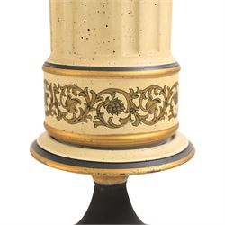 Pair of table lamps, the central column with gilt and and black bands and a foliate boarder, with cream shades, H58cm without shades 