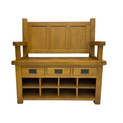 Light oak hall bench, tripled panelled back, fitted with drawers and shoe holes