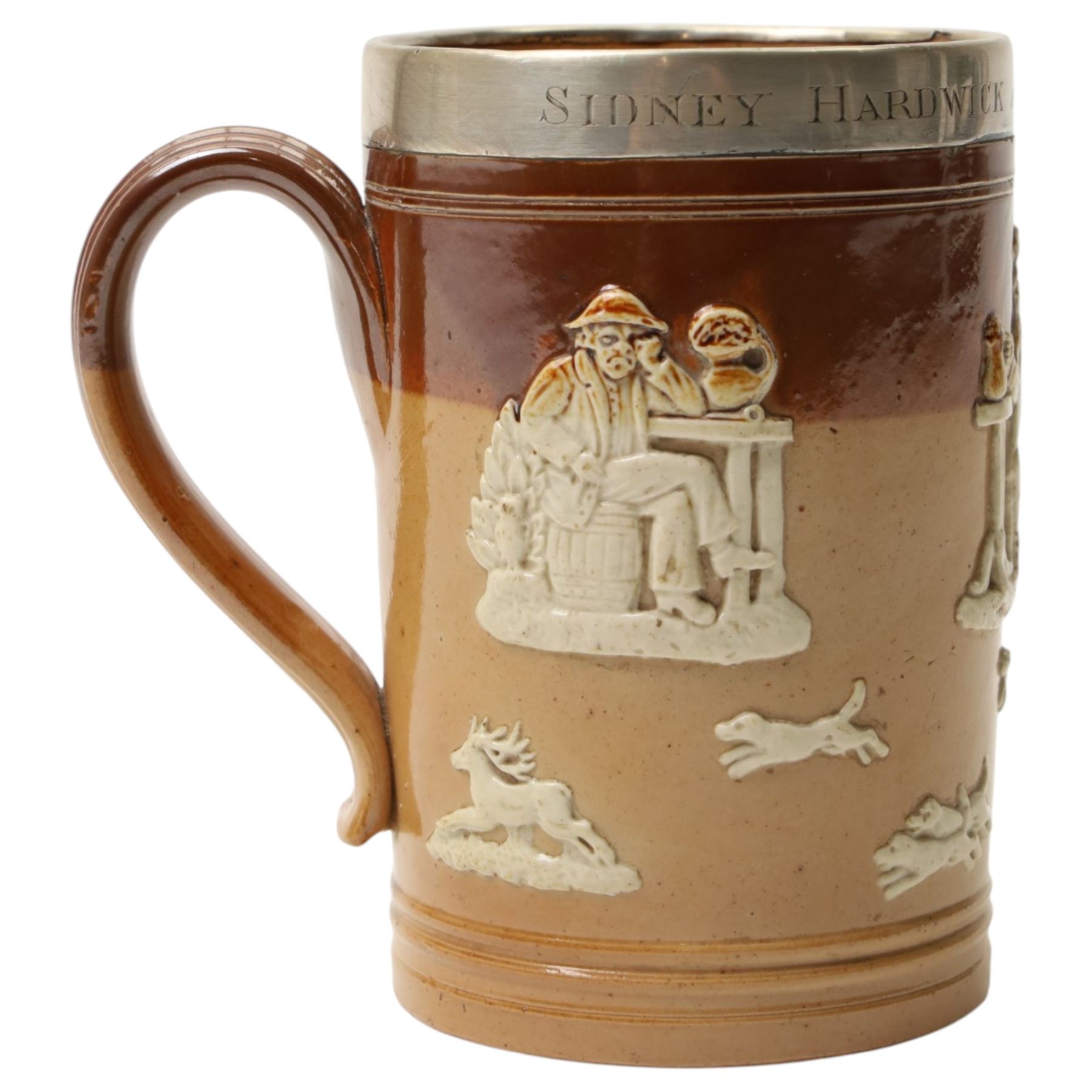 Early 20th century Royal Doulton stoneware tankard harvest tankard, with silver rim, inscribed 'Sidney Hardwick From Capt. Pope 1907', H13.5cm