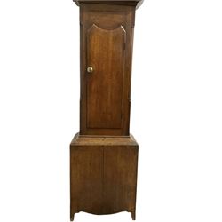 Michael Johnson of Barnard Castle (Yorks) - 30hr oak cased longcase clock c1820, with a swan necked pediment and central finial, break arch hood door flanked by turned pilasters, trunk with canted corners and a long door with a concave shaped top, on a rectangular plinth with a shaped base, painted dial with Arabic numerals, makers name, brass stamped hands and date aperture, countwheel striking, chain driven movement striking the hours on a bell.