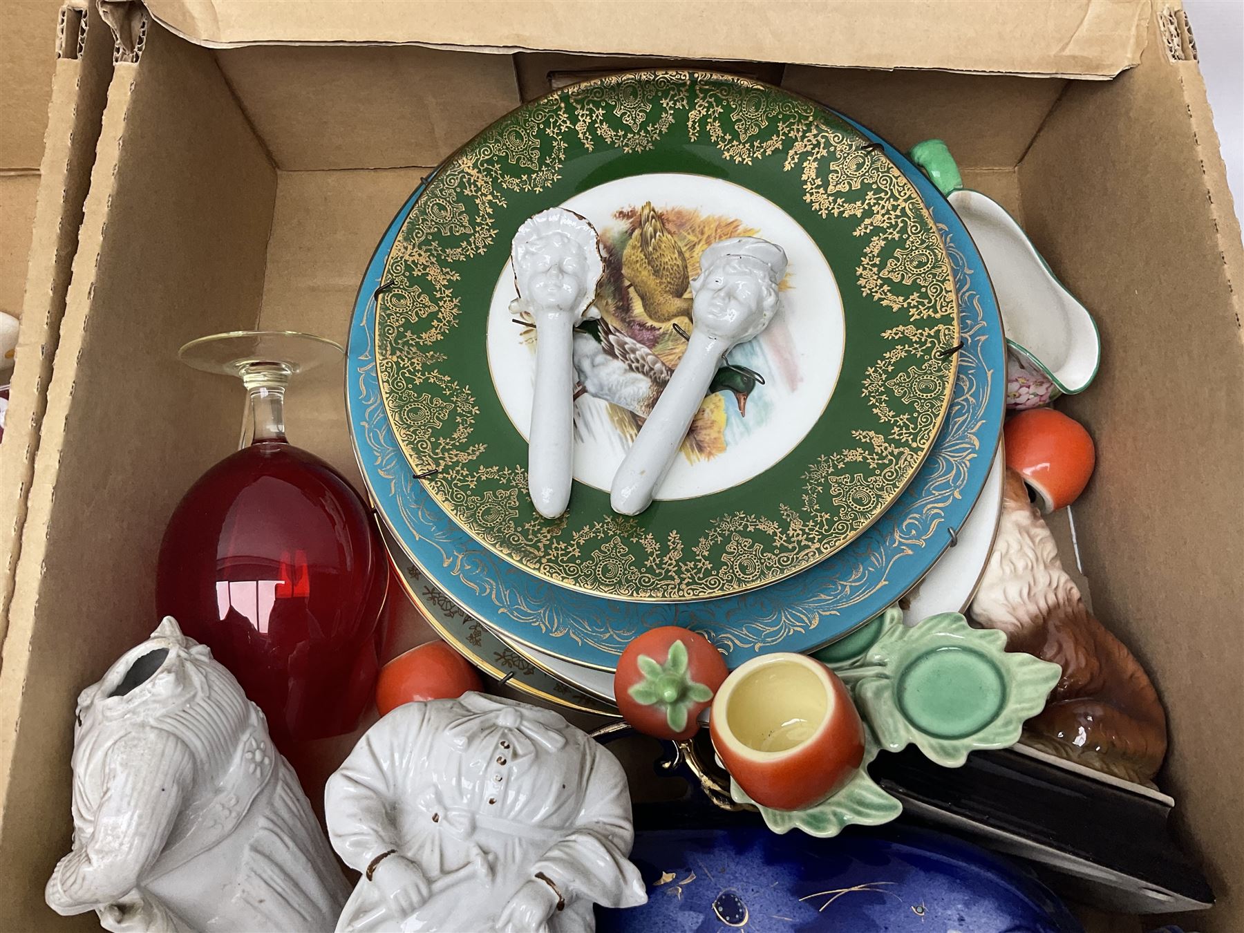 Shelley Maytime pattern sauce boat and saucer, Hornsea vases, blue and white Willow pattern dinner wares and a collection of other ceramics and glassware, in four boxes 