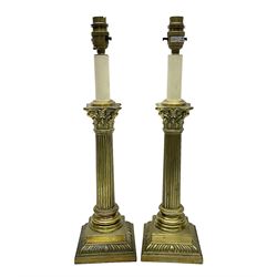 Pair of brass table lamps in the form of fluted Corinthian columns, H46cm