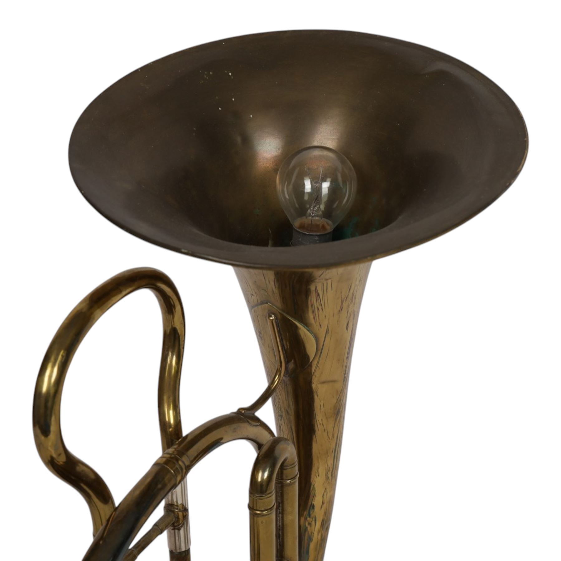 Boosey & Co Ltd French horn, converted into a table lamp, upon a wooden plinth, H45cm