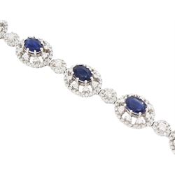 18ct white gold oval cut sapphire and round brilliant cut diamond bracelet, stamped 750, total sapphire weight approx 8.00 carat, total diamond weight approx 3.65 carat