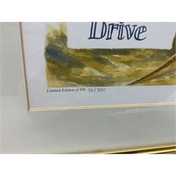 Five limited edition framed coloured prints of shooting interest comprising after C. Stanley Todd game birds taking flight in a mountainous lake landscape no.348/600; after J.C. Harrison game birds in flight over fields no.285/500; after Alan B. Hayman  'A Right and Left?' no.398/850; after Andy Beck 'Pheasant Drive' no.56/350; and after Leo Stans 'Autumn Air'; all signed on the mount; various frames (5)