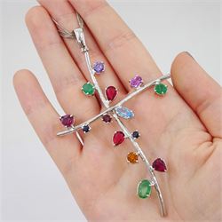 18ct white gold multi gemstone cross pendant necklace, vari-cut stones including emerald, ruby, pink and blue sapphire, red and blue stones, on a four strand box link chain necklace, stamped 750