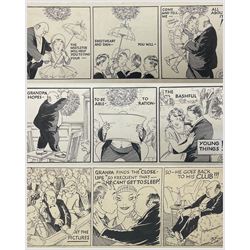 Sunderland Rollinson (British 1872-1950): 'Grandpa' set of nine cartoons including 'Grandpa at the School's Sports' and 'Grandpa Hangs up the Mistletoe Bough', pen and ink with one unfinished pencil sketch, variously signed and titled 13cm x 31cm (unframed) (9)