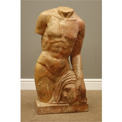  20th century Greek style varigated terracotta coloured marble study of a torso with head under arm, on square plinth, H83cm  