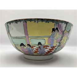 Chinese Qing Dynasty bowl, decorated in polychrome enamels with figures and courting couples, bordered by flower heads upon a gilt ground, with red cross mark beneath, D30.5cm