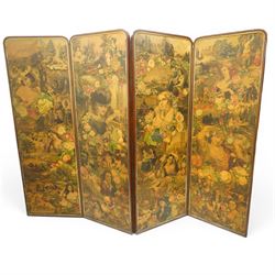 Victorian mahogany framed decoupage four-fold screen, the panels decorated with pastoral landscapes and figural scenes, within rounded moulded frames, fitted with brass mounts and amber glass handles