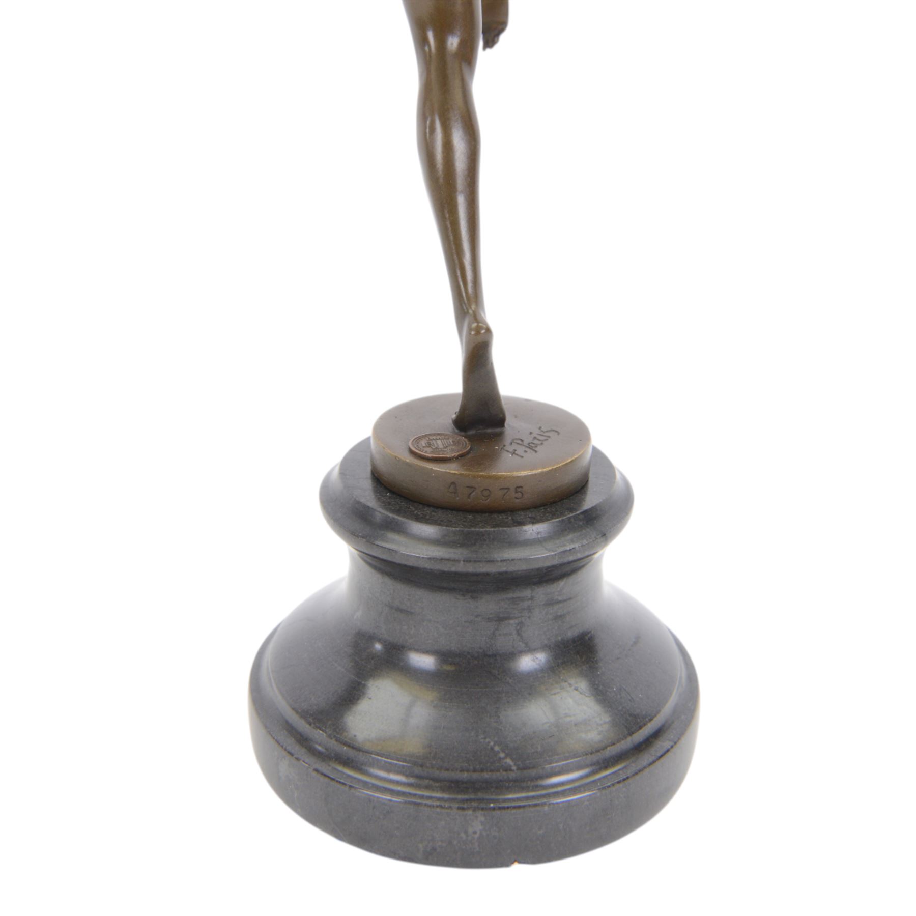  Art Deco style bronze figure of a female dancing with flame torches, raised upon marble socle base, signed F. Paris, H43cm