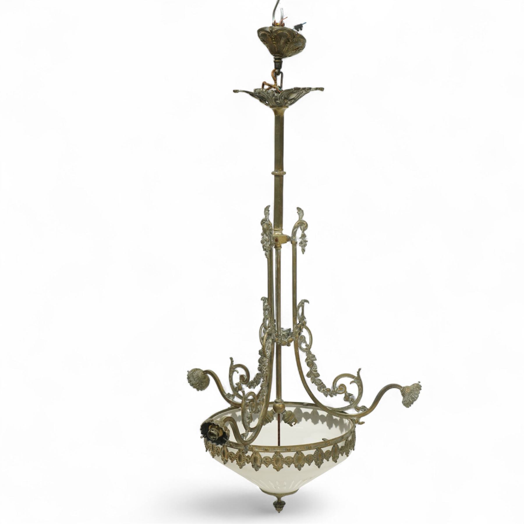 Early 20th-century French gilt bronze and glass three-light plafonnier, circular frosted glass bowl with moulded flutes, frosted glass bowls suspended from a hexagonal stem with scrolling acanthus branches and stiff leaf ceiling corona 