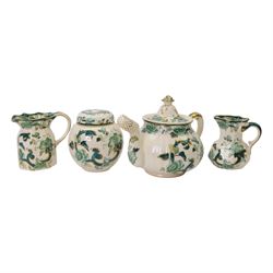 Masons Ironstone Chartreuse teapot, two jugs and ginger jar 