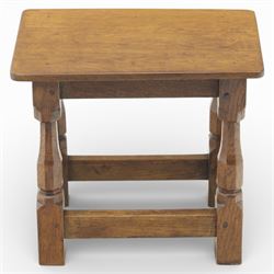 Sid Pollard of Thirsk - oak joint stool, the rectangular top with rounded corners over turned block supports united by stretchers 