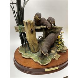 A large limited edition Border Fine Arts figure, Taking the Plunge, by Ray Ayres, depicting a family of otters, model no L143, upon wooden base, H77cm. 