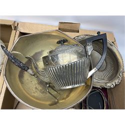 Quantity of silver plate to include, butter/caviar dish with revolving top, bowl of circular form with twin lion mask ring handles, teapots and other homeware etc in two boxes