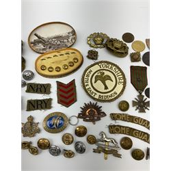 WW1 French Croix de Guerre medal dated 1914-18 with star on ribbon; Yorkshire North & East Ridings Provincial Grand Deacon masonic silver and enamel pendant and blazer badge; helmet plate, cap badges and assorted military buttons including boxed Royal Artillery set of waistcoat buttons etc