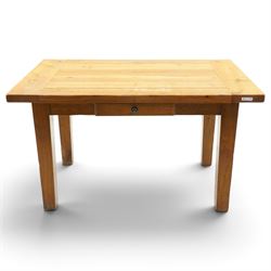 Modern solid oak extending dining table and eight upholstered chairs, the table of plank top construction raised on square supports, extended to 231cm with leaves 