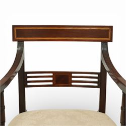 Georgian design mahogany dining chairs, a set of six including two carvers and four side chairs, each with rectangular moulded crest rail above a horizontal splat with central inlaid panel, upholstered seats, raised on square section supports united by stretchers