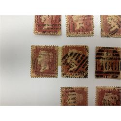 Great Britain Queen Victoria penny black stamp, red MX cancel, imperf penny red, black MX cancel and ten perf penny reds (12)