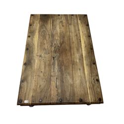 Mexican pine rectangular coffee table, metal strap-work, turned legs