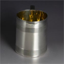 George III silver christening mug, of cylindrical tapering form, with banded decoration and scroll handle, the body with later presentation engraving, hallmarked London 1799, maker's mark worn and indistinct, H8cm